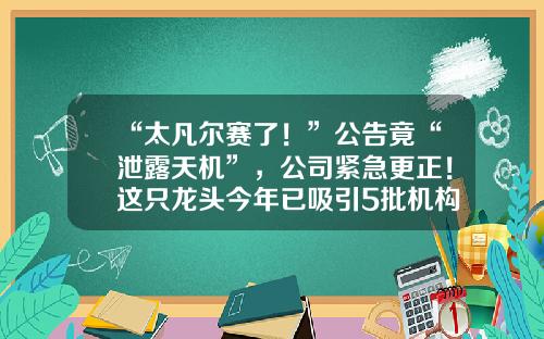 “太凡尔赛了！”公告竟“泄露天机”，公司紧急更正！这只龙头今年已吸引5批机构调研-成都环川科技有限公司