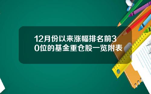 12月份以来涨幅排名前30位的基金重仓股一览附表
